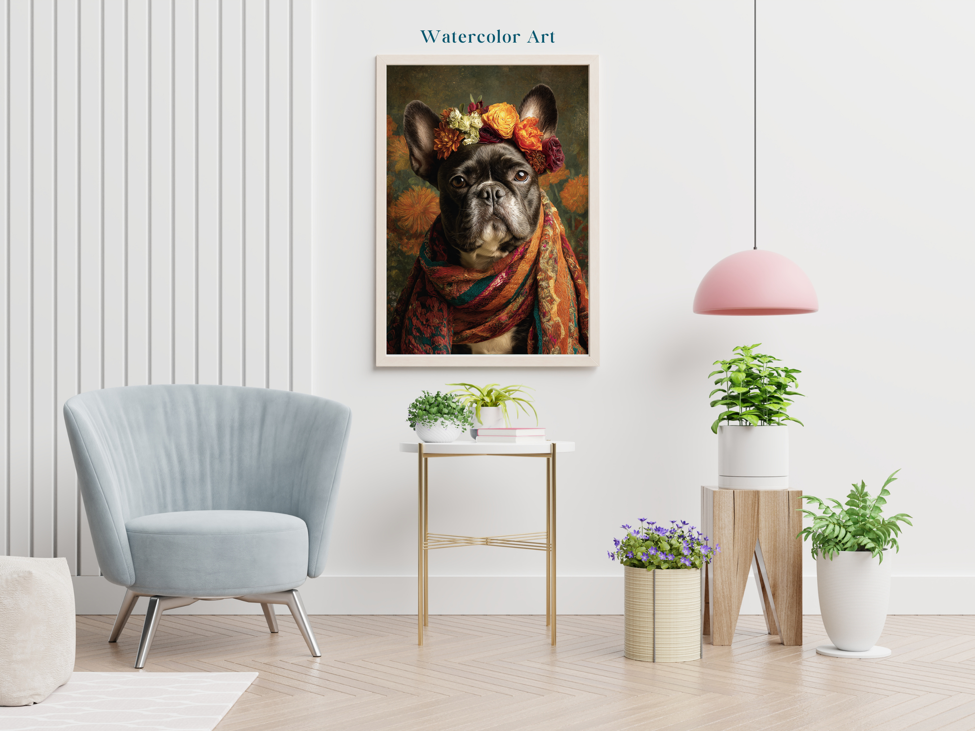 Frida-inspired French Bulldog portrait wearing floral crown and colorful woven shawl printable wall art