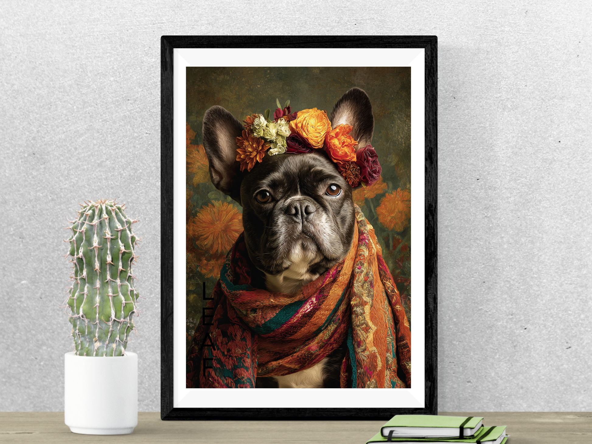 Frida-inspired French Bulldog portrait wearing floral crown and colorful woven shawl printable wall art