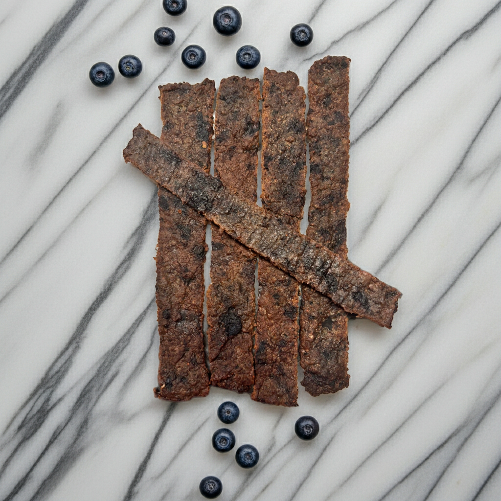 Organic blueberry dog treat bones made with real blueberries and whole ingredients.