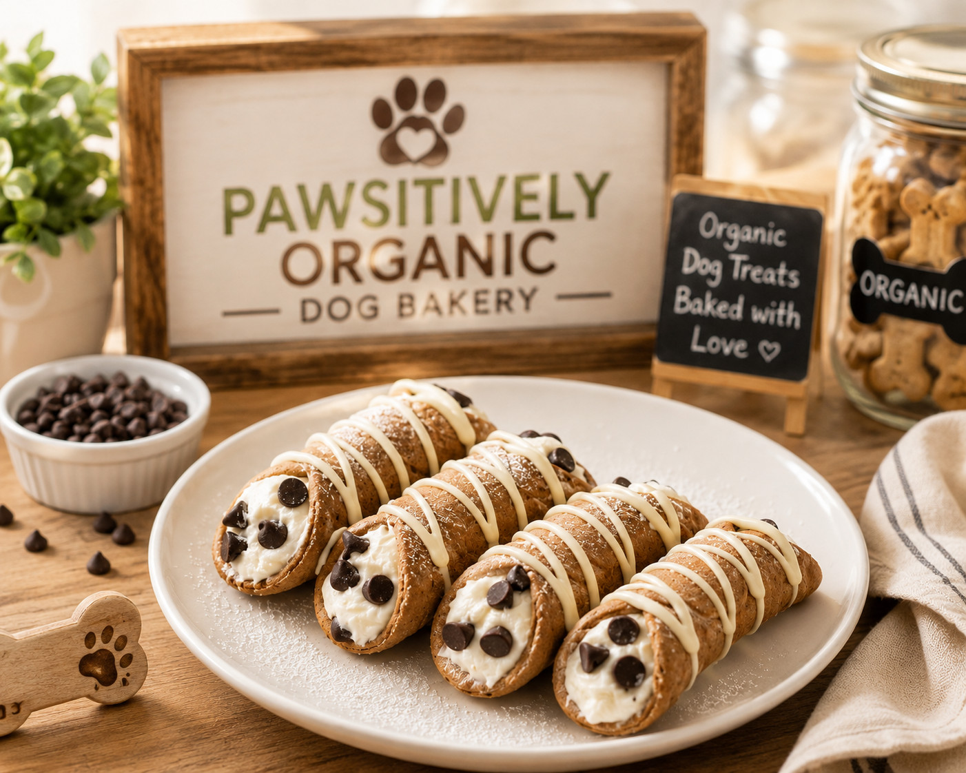 PAWsitively Organic Dog Bakery handmade cannoli dog treats with creamy filling and chocolate chips