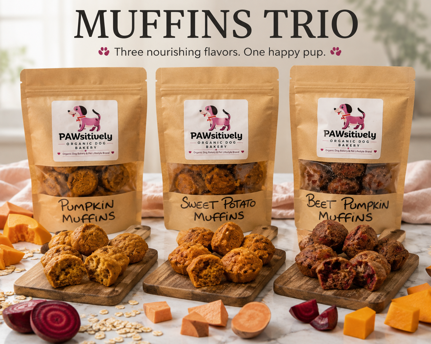 PAWsitively Organic Dog Bakery Harvest Muffin Trio featuring Pumpkin, Sweet Potato, and Beet & Pumpkin mini dog muffins.