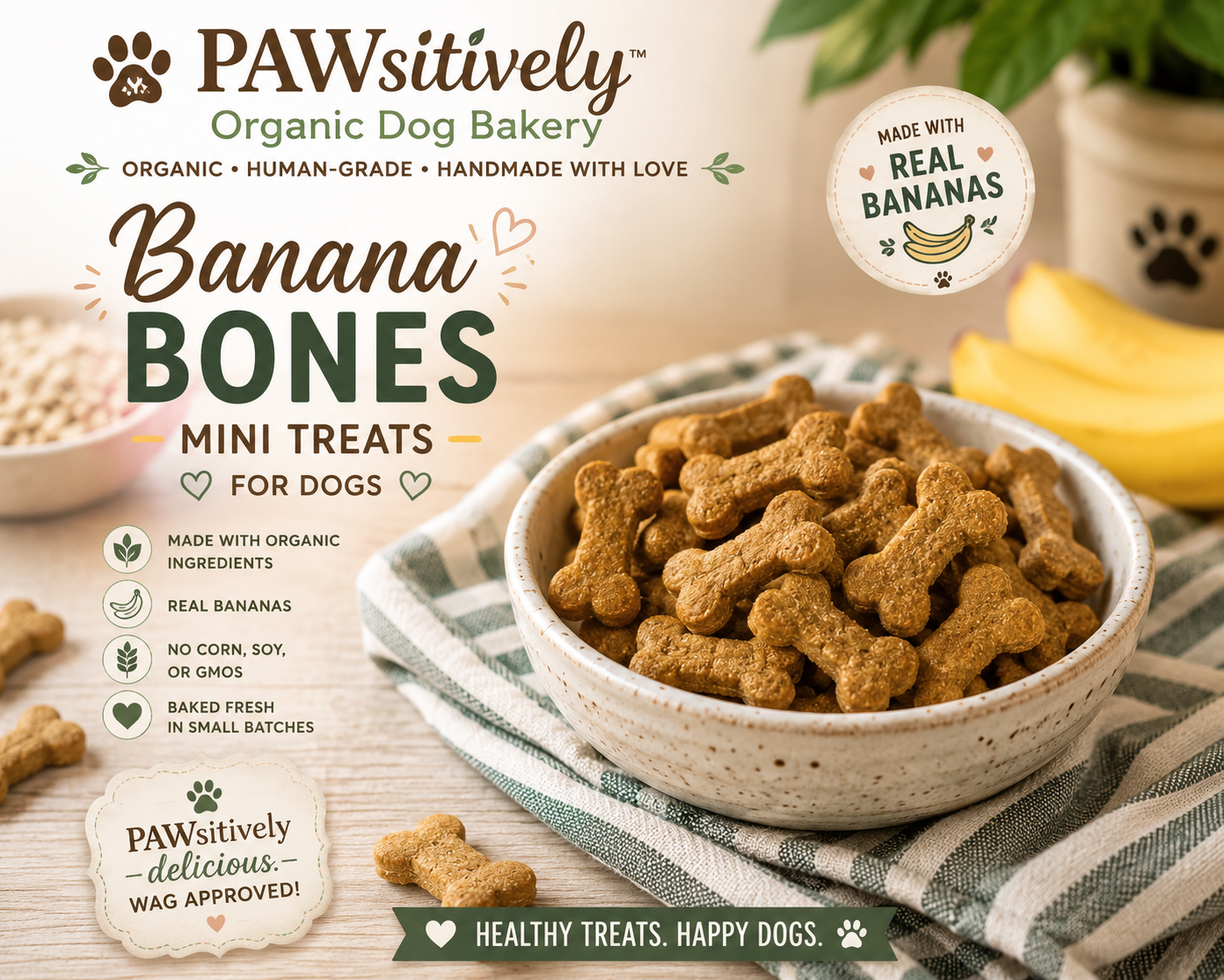 Organic Banana bone-shaped dog treats handmade by PAWsitively Organic Dog Bakery