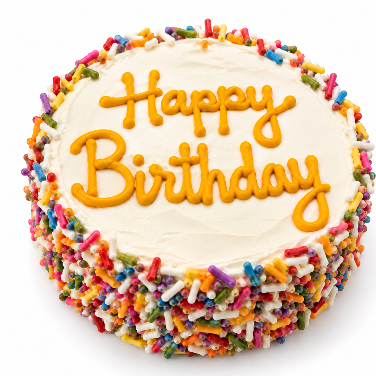 Happy Birthday dog cake made with salt-free rice cakes, organic peanut butter, dog-friendly icing, and naturally colored rainbow sprinkles.