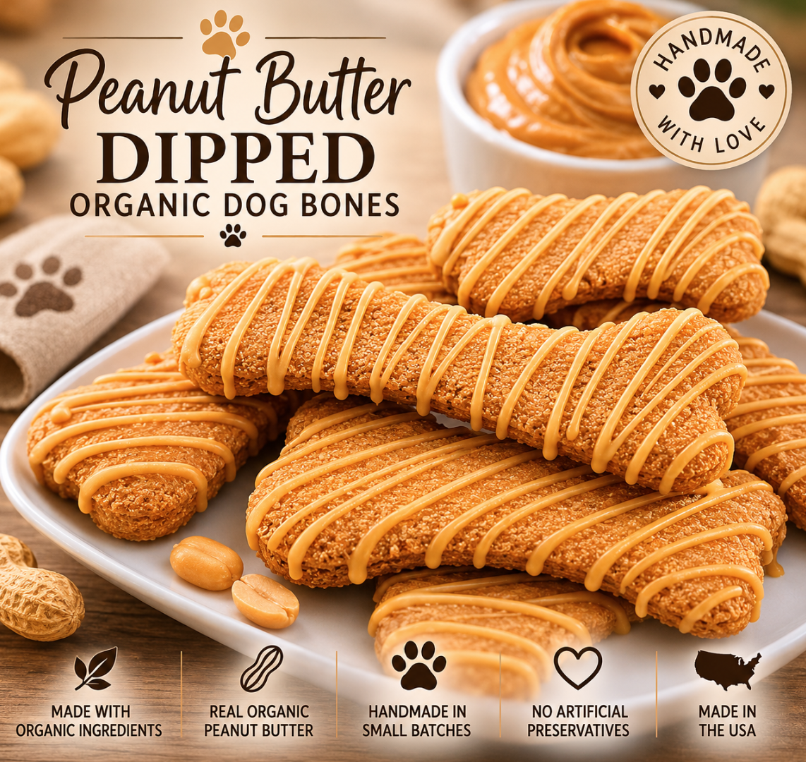 Peanut butter dipped organic dog bones on a plate with branding and ingredient claims.