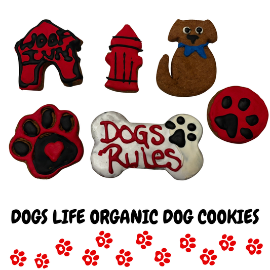 Dogs Life organic dog cookies featuring decorated dog treats with paw prints and bone shapes, displayed with branding text on a clean background