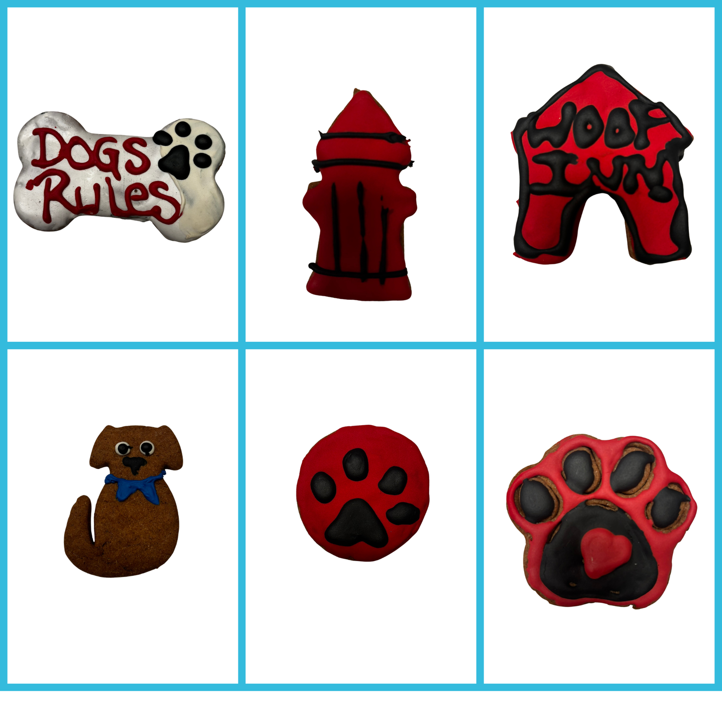 Collection of decorated organic dog cookies displayed in a grid, including dog bone, paw print, fire hydrant, and dog-shaped treats with red and black icing