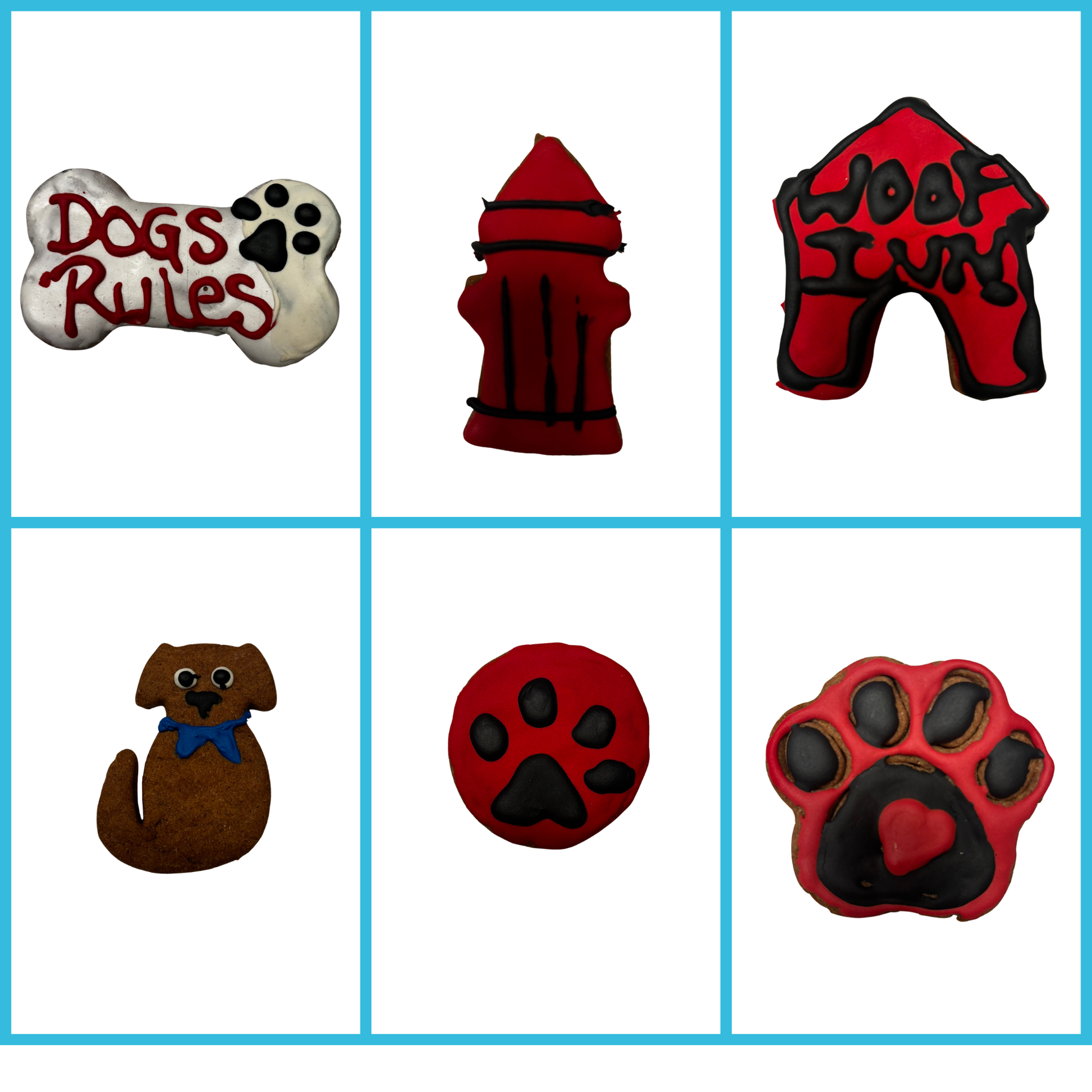 Collection of decorated organic dog cookies displayed in a grid, including dog bone, paw print, fire hydrant, and dog-shaped treats with red and black icing