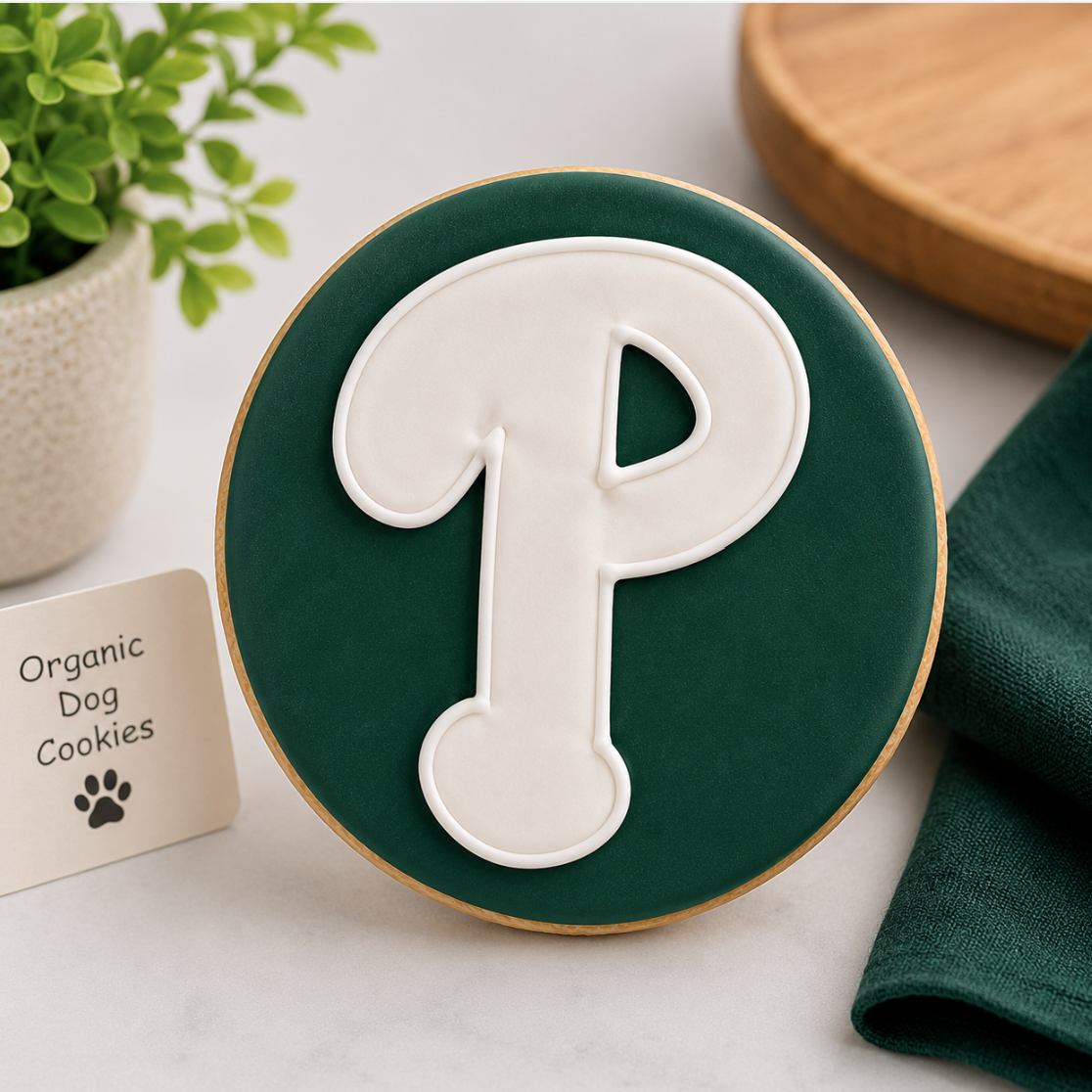 Alt Text:
Hand-decorated Philadelphia Eagles dog cookie featuring a white "P" emblem on dark green icing, made with organic peanut butter and displayed in a professional bakery-style setting.