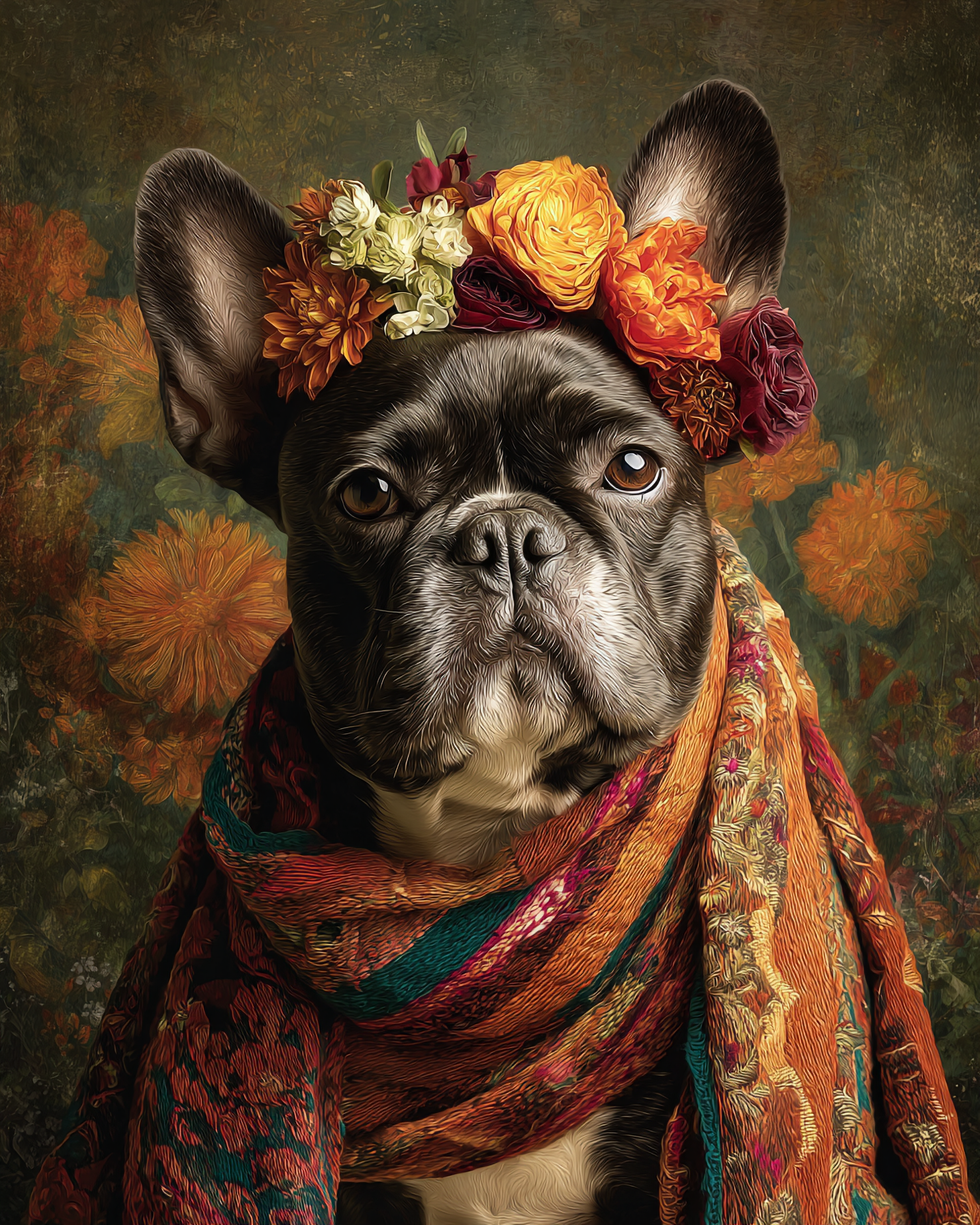 Frida-inspired French Bulldog portrait wearing floral crown and colorful woven shawl printable wall art
