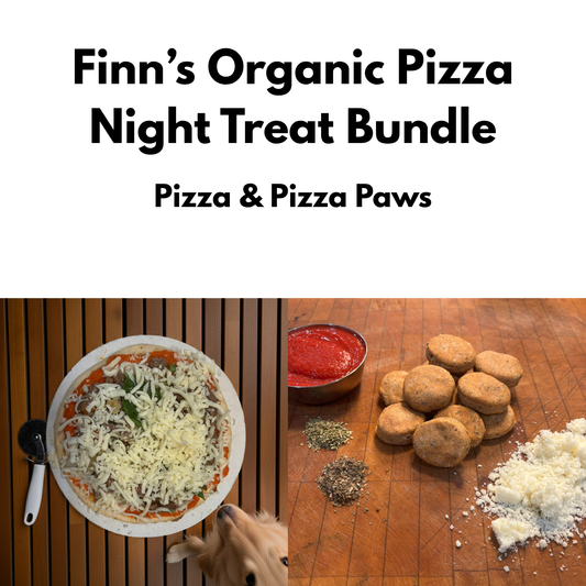 Organic dog pizza bundle featuring Finn’s handmade dog pizza and Pizza Paws treats made with wholesome ingredients