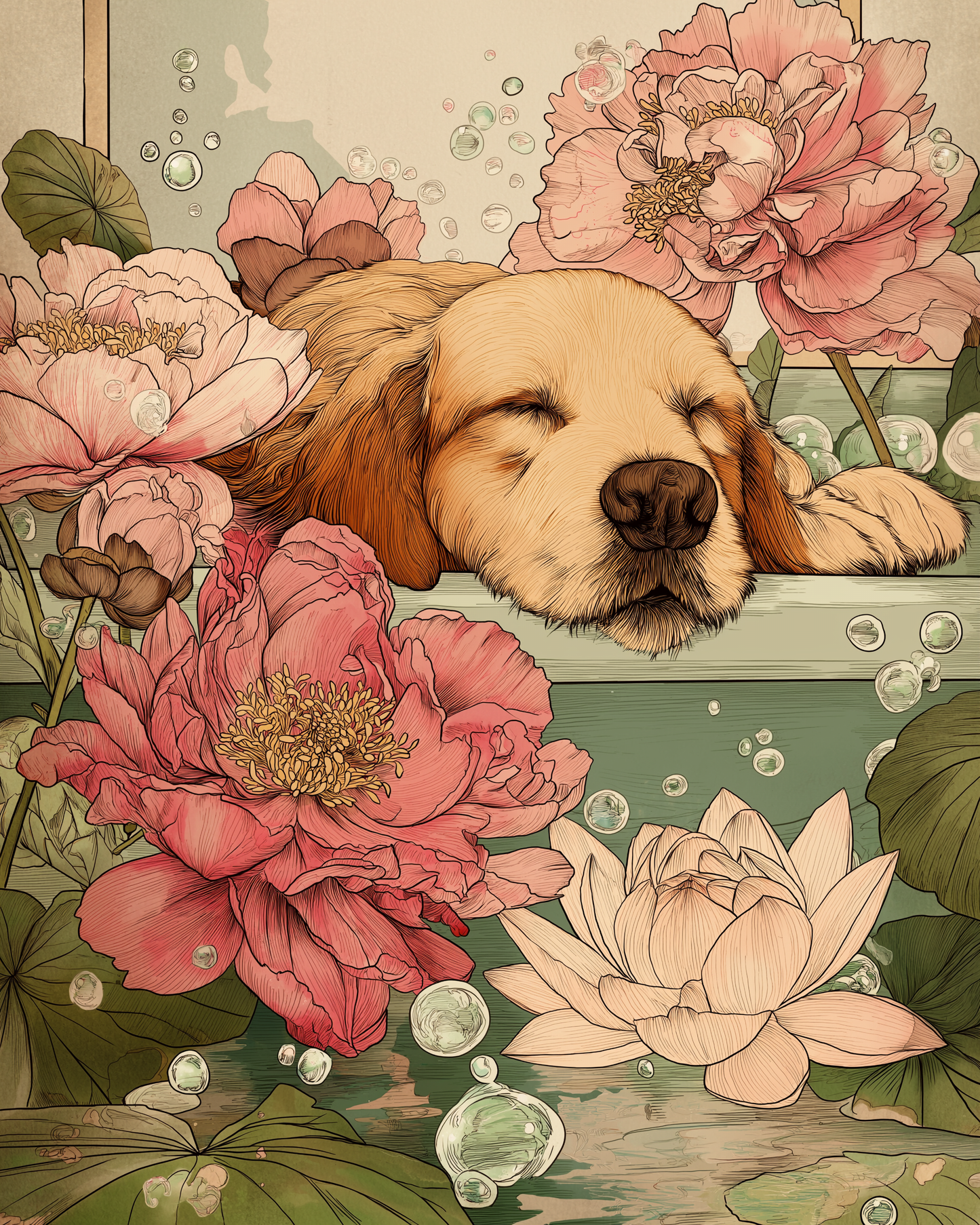 Sleeping golden retriever surrounded by soft pink floral blooms in Japandi-inspired printable wall art displayed.