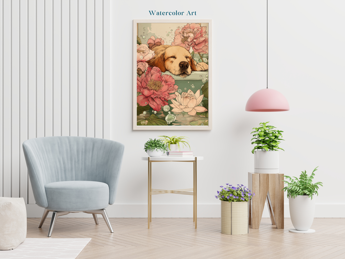 Sleeping golden retriever surrounded by soft pink floral blooms in Japandi-inspired printable wall art displayed in wooden frame mockup