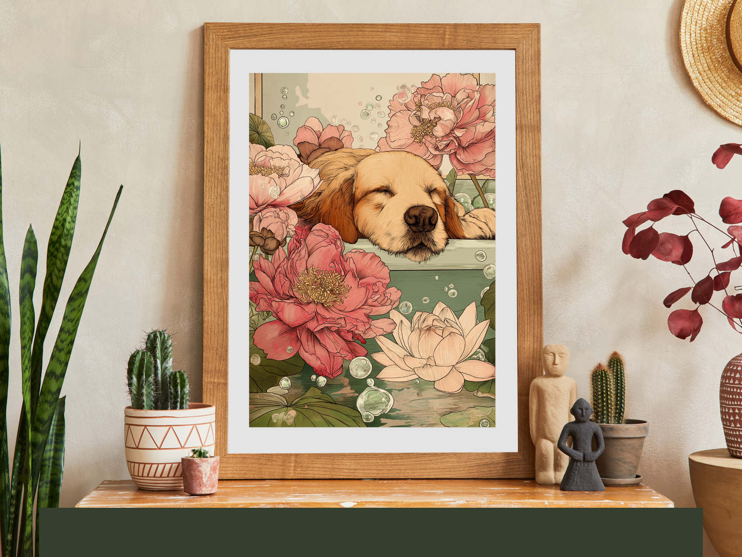 Sleeping golden retriever surrounded by soft pink floral blooms in Japandi-inspired printable wall art displayed in wooden frame mockup