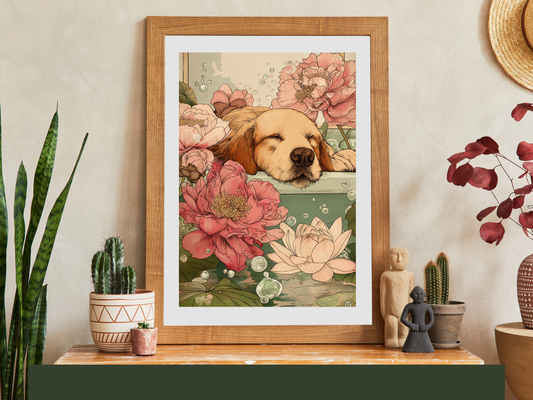 Sleeping golden retriever surrounded by soft pink floral blooms in Japandi-inspired printable wall art displayed in wooden frame mockup