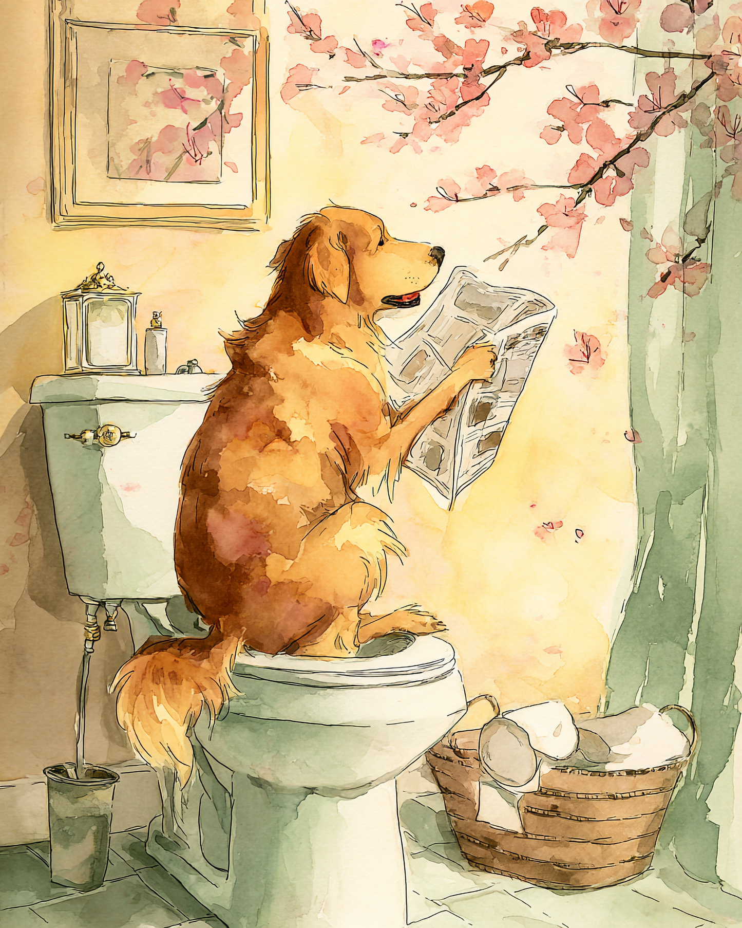 Set of two watercolor-style golden retriever bathroom art prints featuring dogs reading newspapers on toilets surrounded by soft cherry blossoms and cozy pastel decor.