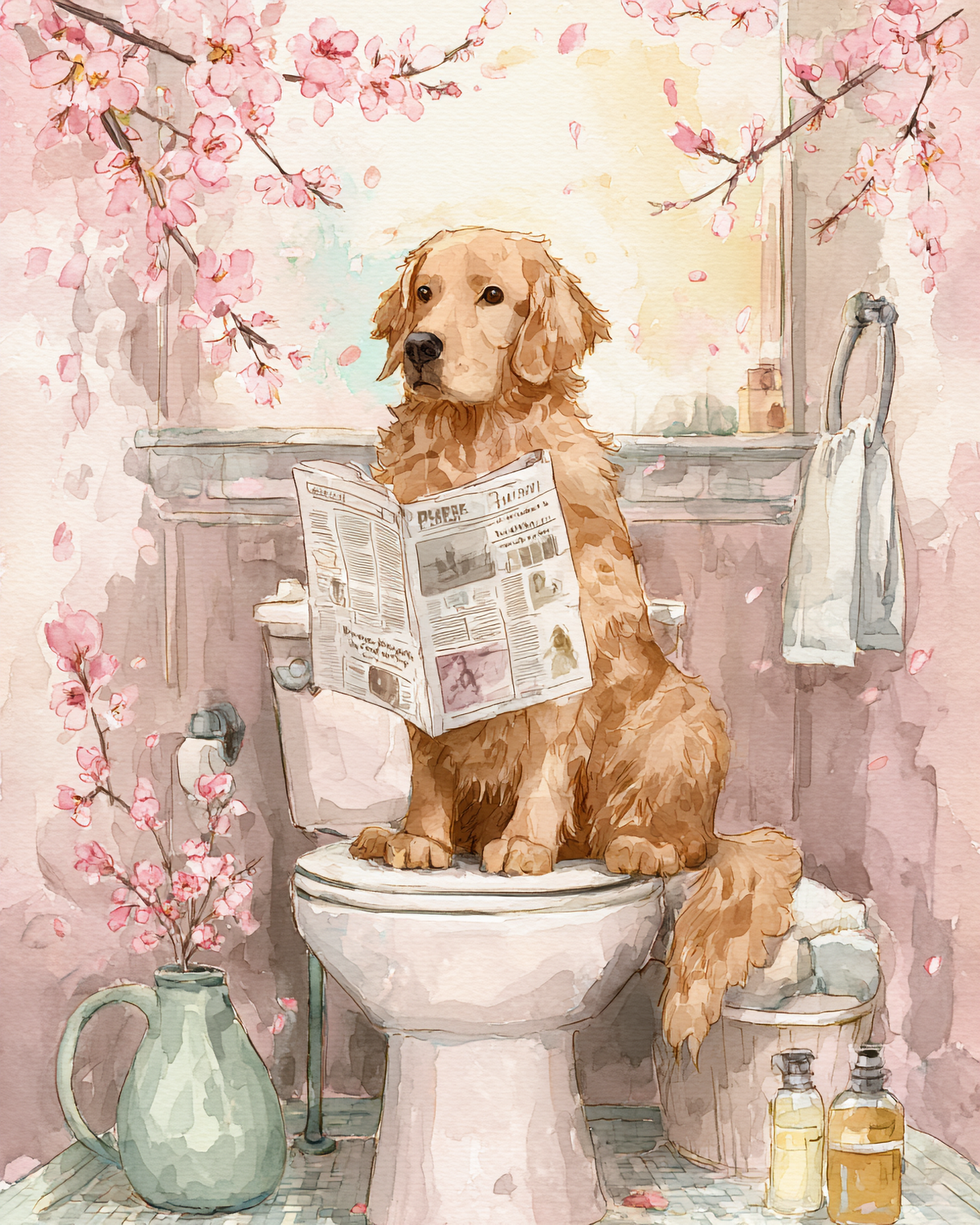 Set of two watercolor-style golden retriever bathroom art prints featuring dogs reading newspapers on toilets surrounded by soft cherry blossoms and cozy pastel decor.
