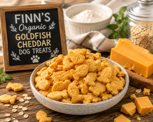 Organic Goldfish Cheddar dog treats made with real cheddar cheese by PAWsitively Organic Dog Bakery.