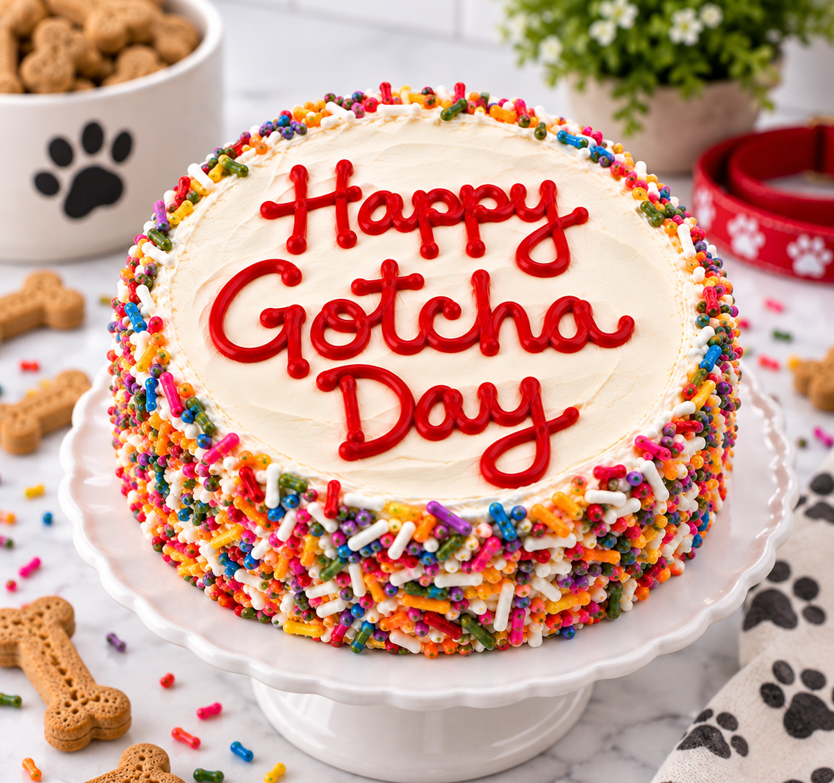 Happy Gotcha Day organic dog cake with white icing, red lettering, and colorful rainbow sprinkles, displayed on a white cake stand with a smiling Golden Retriever in the background.