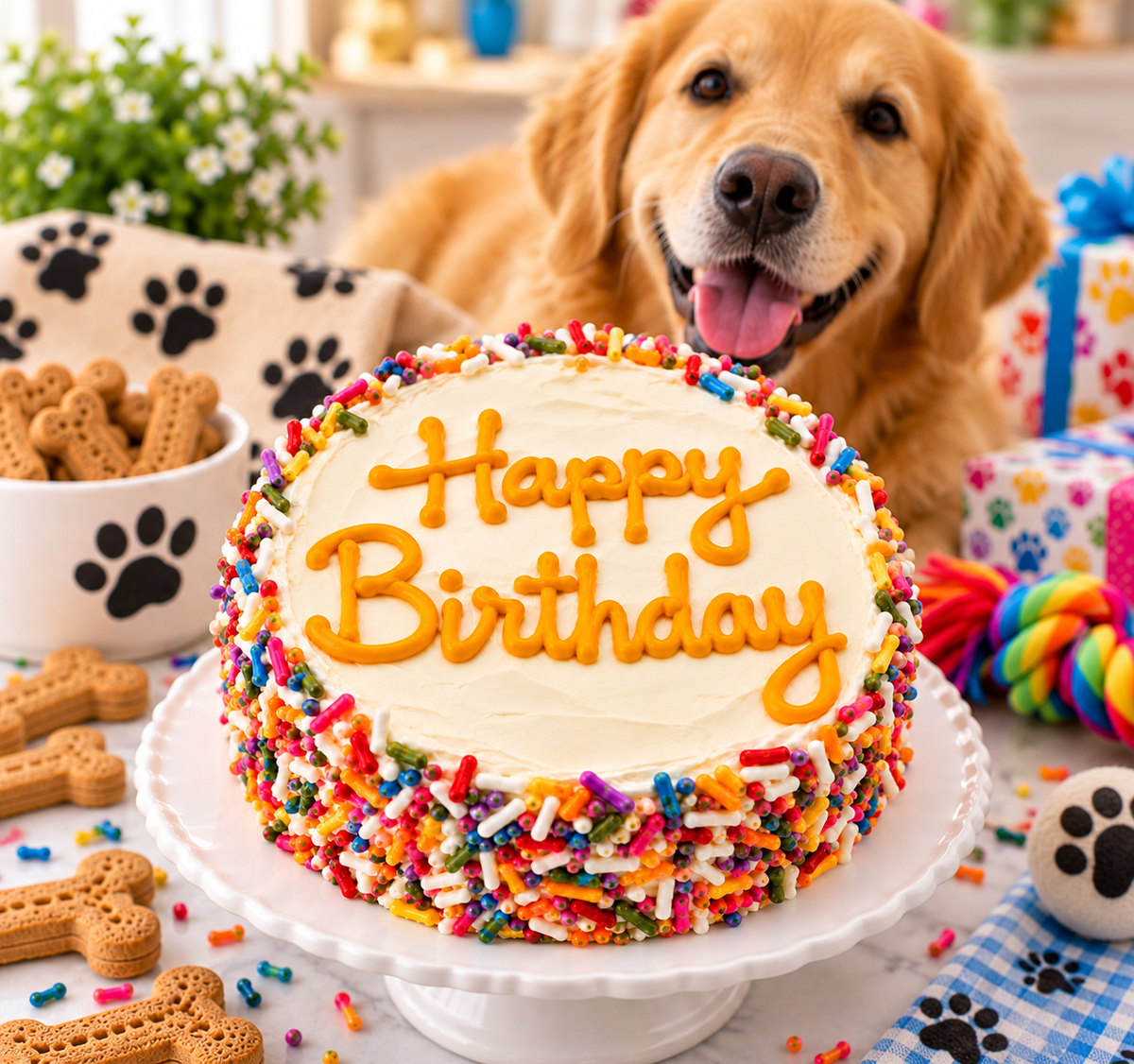 Happy Birthday organic dog cake with white icing, orange lettering, and colorful rainbow sprinkles, displayed on a cake stand with a smiling Golden Retriever in the background.