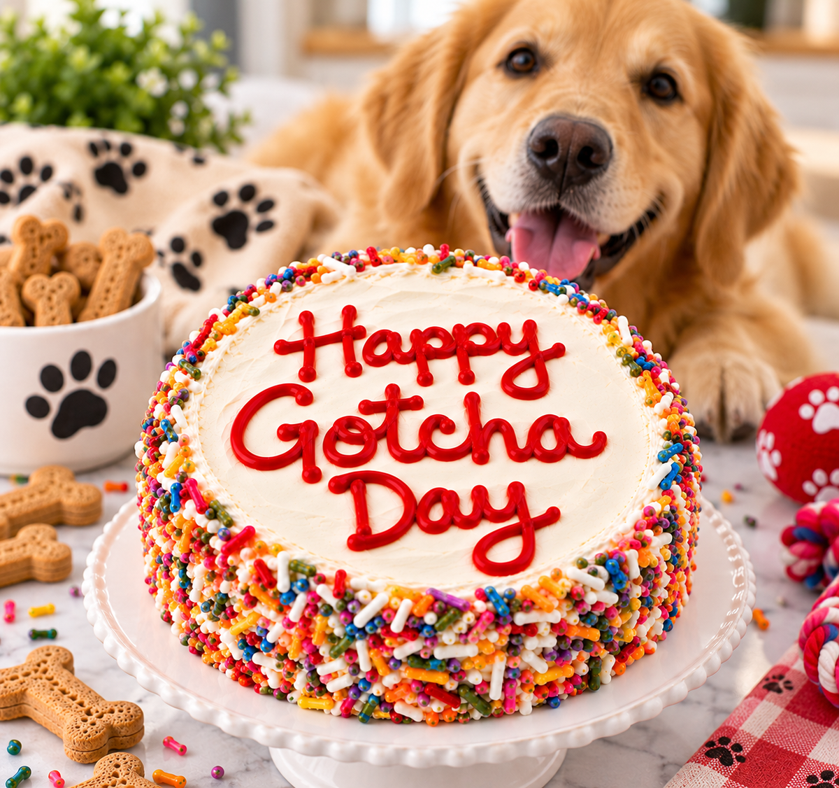 Happy Gotcha Day organic dog cake with white icing, red lettering, and colorful rainbow sprinkles, displayed on a white cake stand with a smiling Golden Retriever in the background.