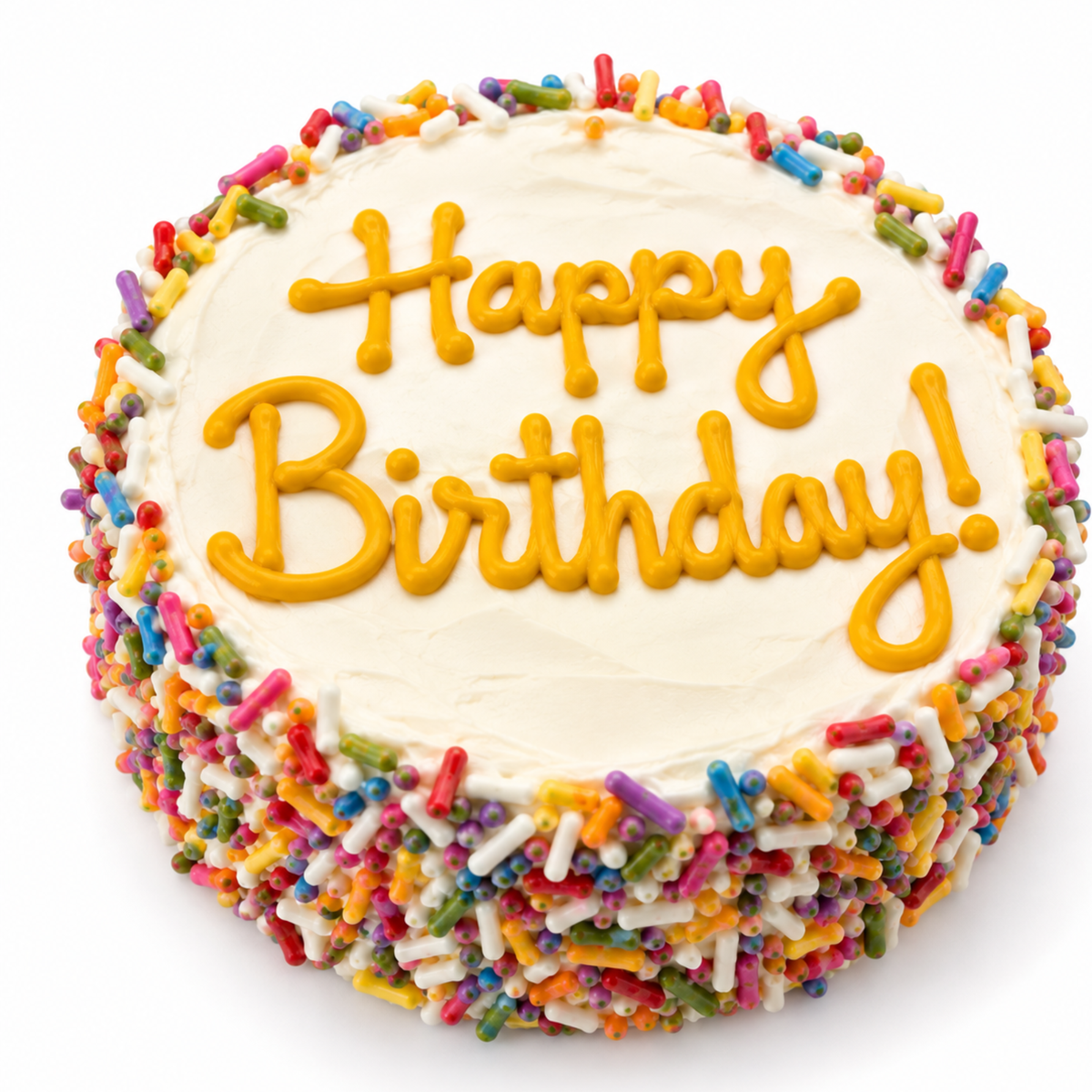 Happy Birthday dog cake made with salt-free rice cakes, organic peanut butter, dog-friendly icing, and naturally colored rainbow sprinkles.
