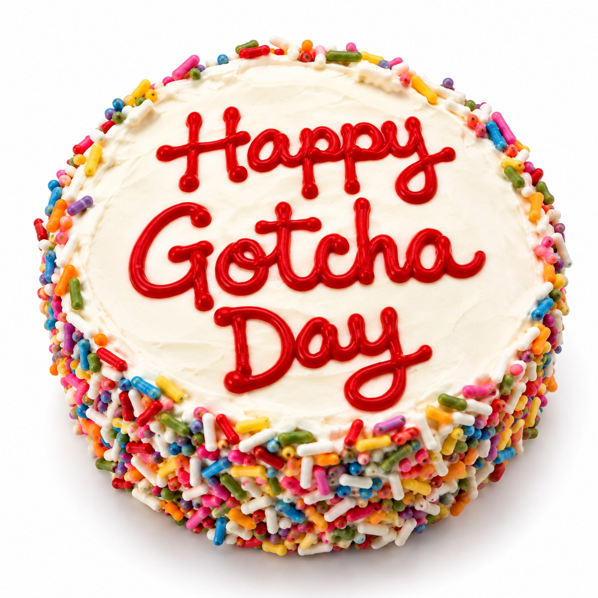Round Happy Gotcha Day dog cake with white icing, red piped lettering, and colorful rainbow sprinkles around the sides and edges, handmade by PAWsitively Organic Dog Bakery.