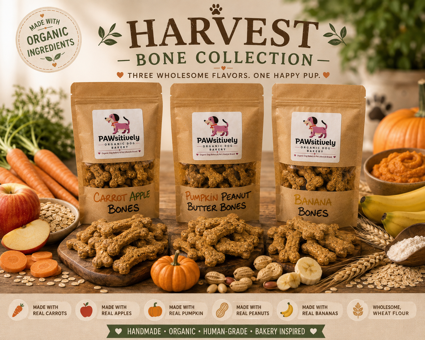 PAWsitively Organic Dog Bakery Harvest Bone Collection featuring Pumpkin Peanut Butter, Apple Carrot and Banana dog treats