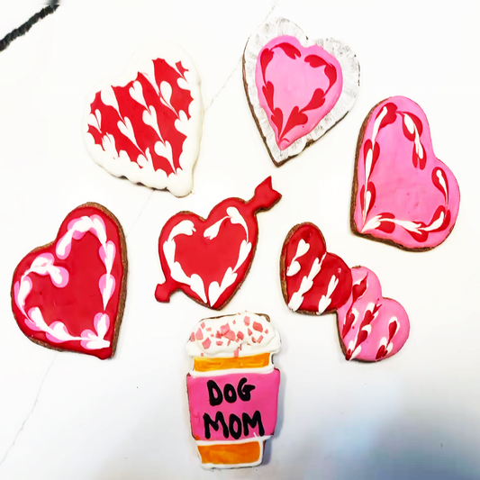 Dog Mom Valentine bone  shaped organic dog cookies hand-decorated in red and pink icing