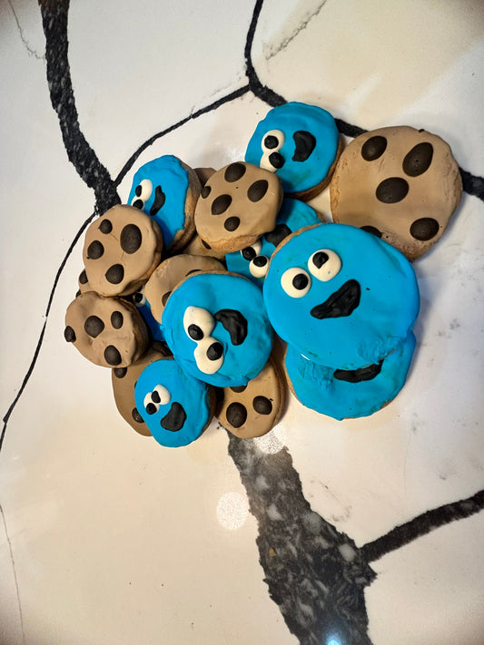 Fun Cookie Monster-themed organic dog treat cookie, handmade and colorful.
