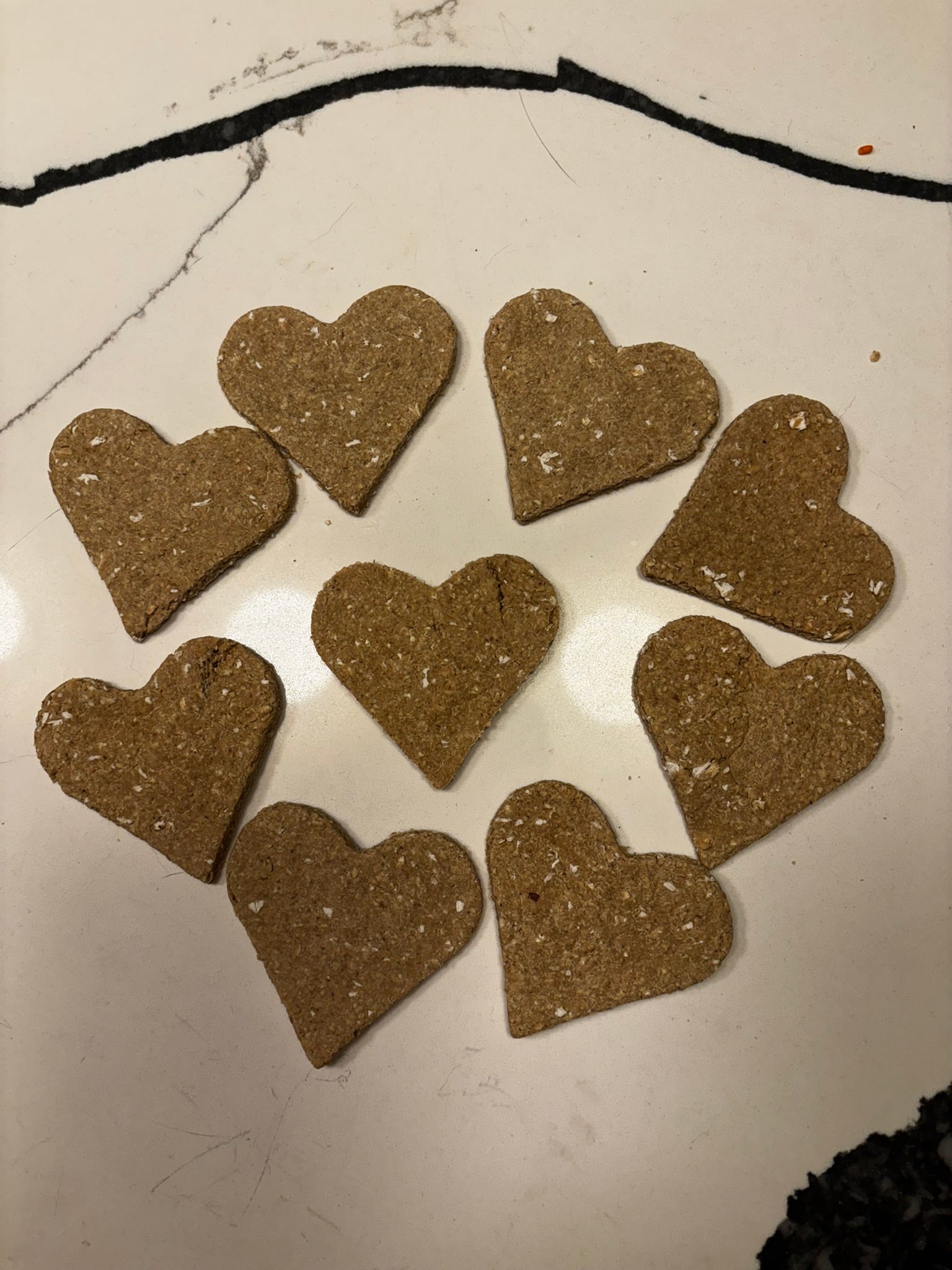 Homemade pear dog treats in heart shapes arranged in circle on countertop