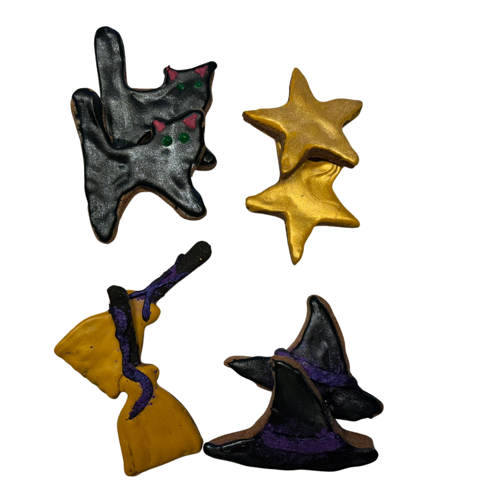 Moon Magic Halloween dog cookies featuring black cats, witch hats, broomsticks, and golden stars handcrafted with organic ingredients by PAWsitively Organic Dog Bakery