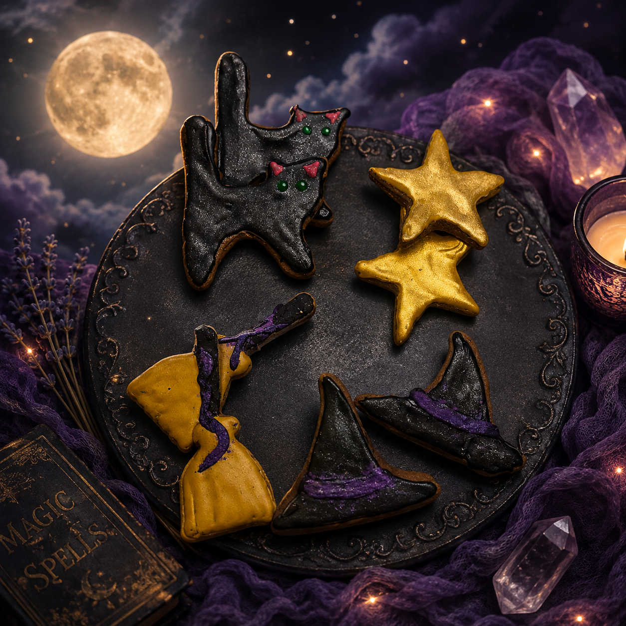 Moon Magic Halloween dog cookies featuring black cats, witch hats, broomsticks, and golden stars handcrafted with organic ingredients by PAWsitively Organic Dog Bakery