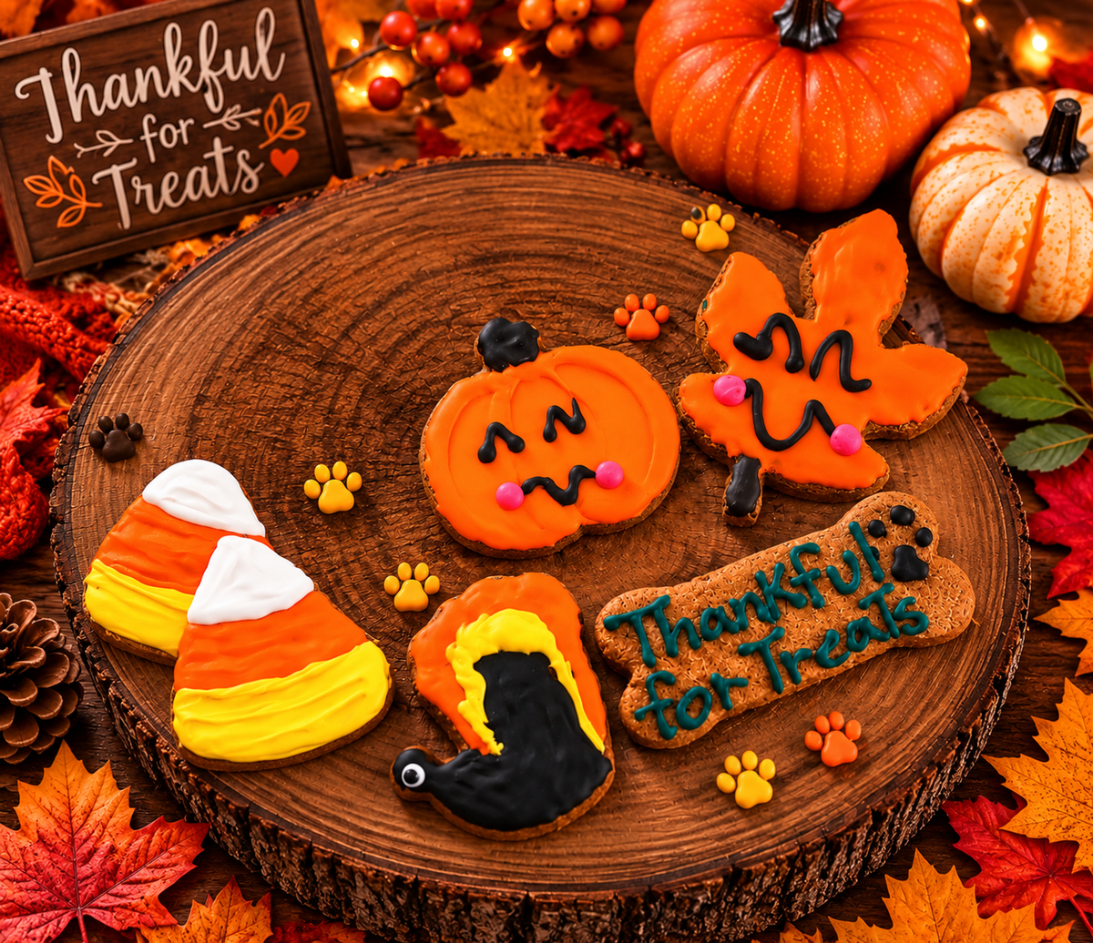 Decorated fall-themed dog cookies displayed on a rustic wooden tray surrounded by pumpkins, autumn leaves, pinecones, berries, and warm glowing lights. The handmade cookies include a smiling pumpkin, cheerful orange leaf, candy corn, and a ‘Thankful for Treats’ bone cookie. The cozy autumn scene creates a festive harvest-inspired bakery atmosphere perfect for seasonal dog treats