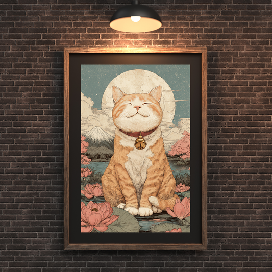 Zen Orange Tabby Cat Printable Wall Art | Japanese Mount Fuji Cat Print