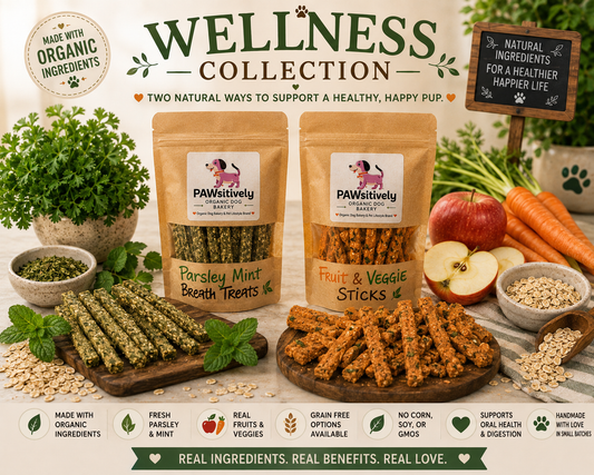 PAWsitively Organic Dog Bakery Wellness Collection featuring organic Fruit & Veggie Sticks and Parsley Mint Breath Fresheners
