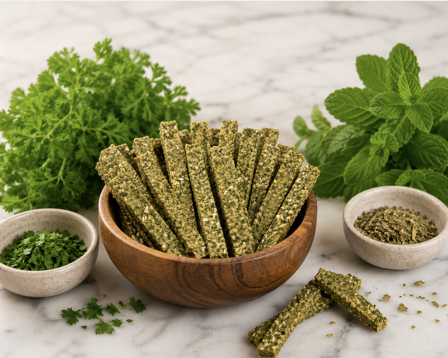 Handmade organic parsley mint dog treats displayed with fresh parsley and mint leaves. Crunchy, bite-sized cookies baked in small batches to help freshen dogs’ breath naturally.”