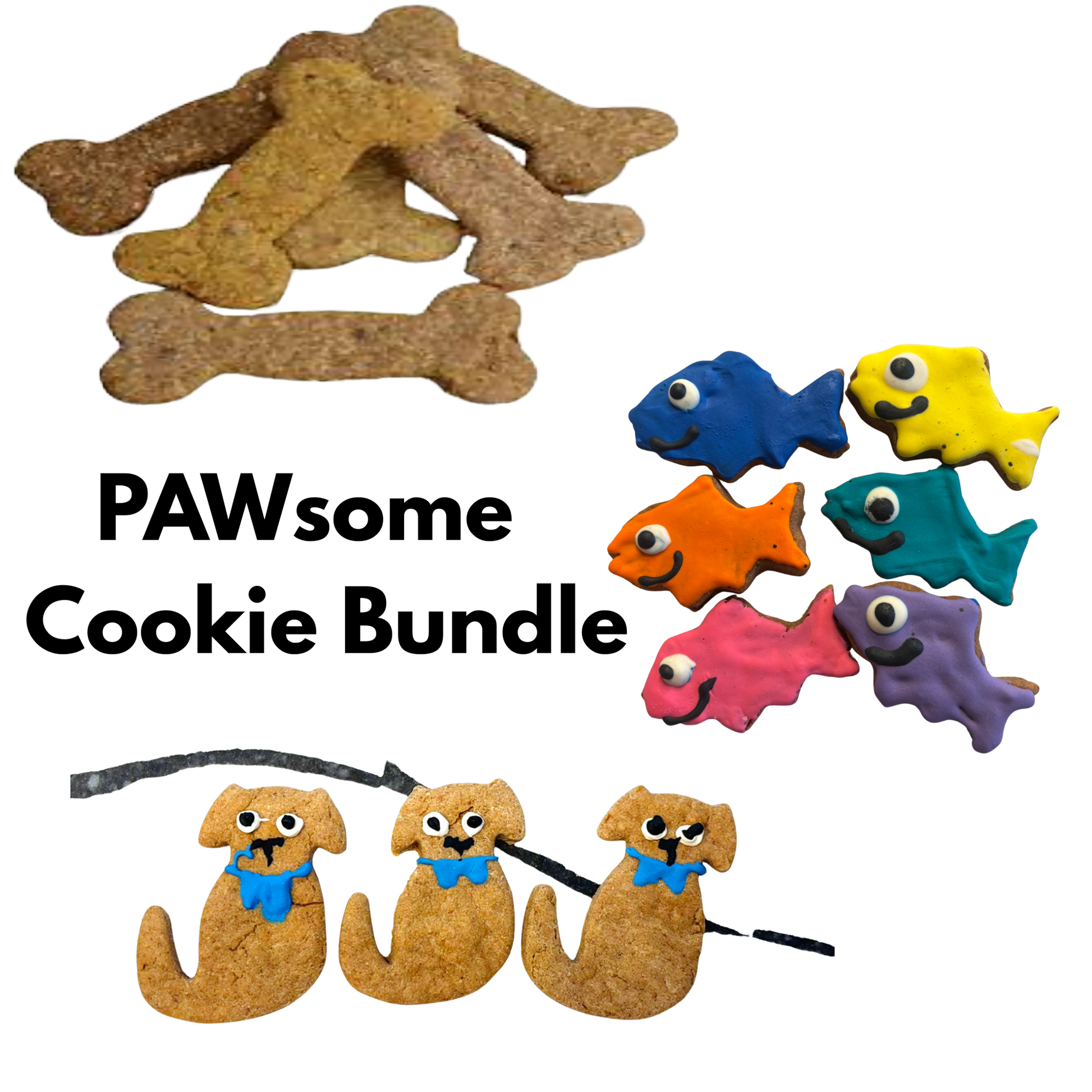 Organic dog cookie bundle with peanut butter bones, colorful fish treats, and Finn dog-shaped cookies handmade with human-grade ingredients