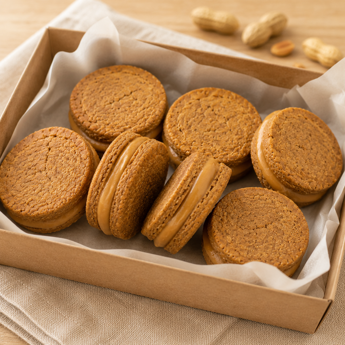 Handcrafted peanut butter macaron dog treats filled with creamy peanut butter and arranged on a ceramic plate. These organic sandwich-style dog cookies are made in small batches with wholesome ingredients and photographed in a warm bakery-inspired setting. 🥜🐾