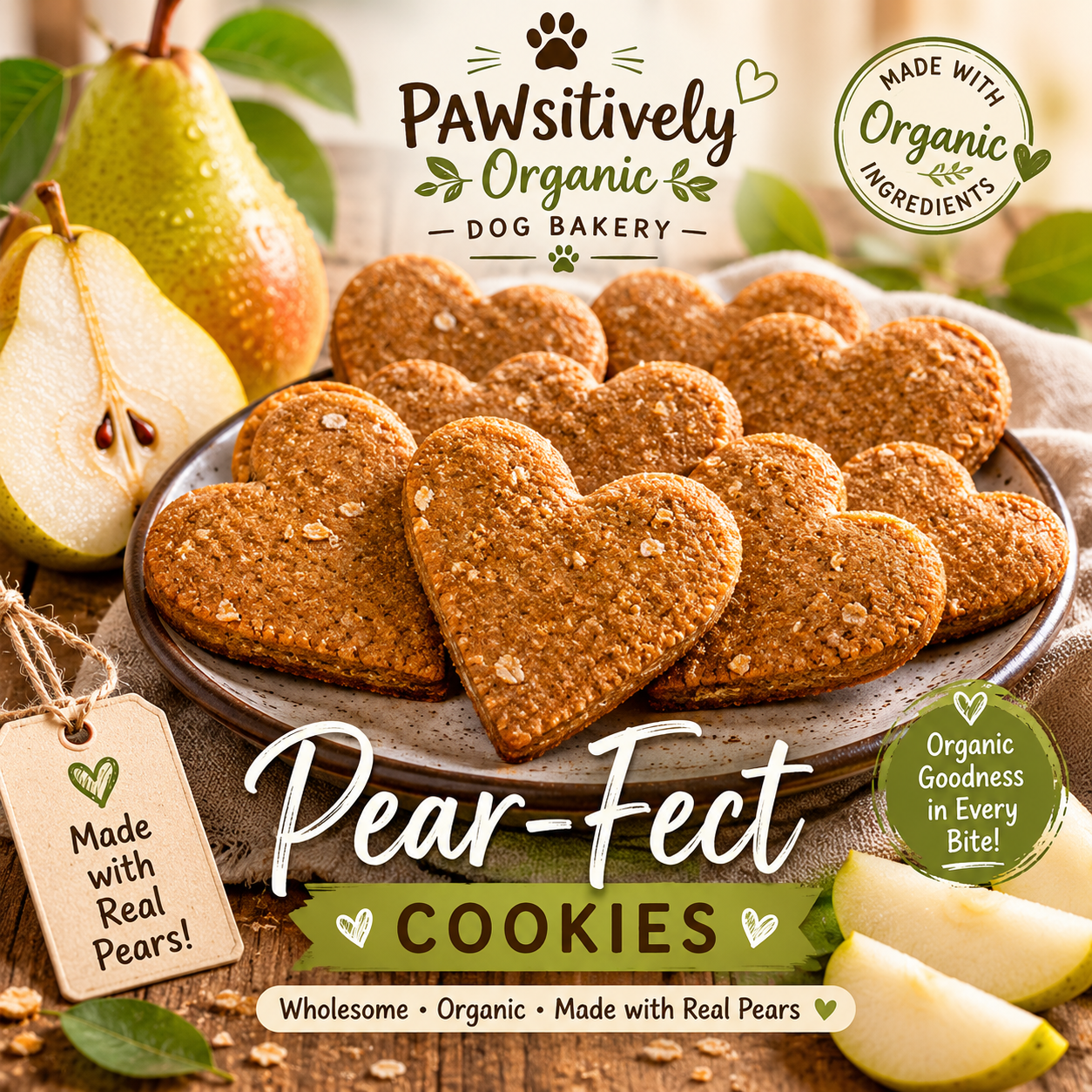 Heart-shaped Pear-Fect dog cookies displayed with fresh pears. Handmade organic dog treats baked in small batches with wholesome, human-grade ingredients." 💚🍐🐶