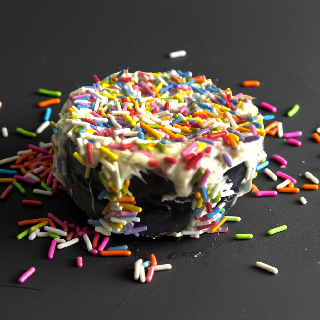 Peanut butter frosted rice cake dog treat with rainbow sprinkles close-up on dark surface
