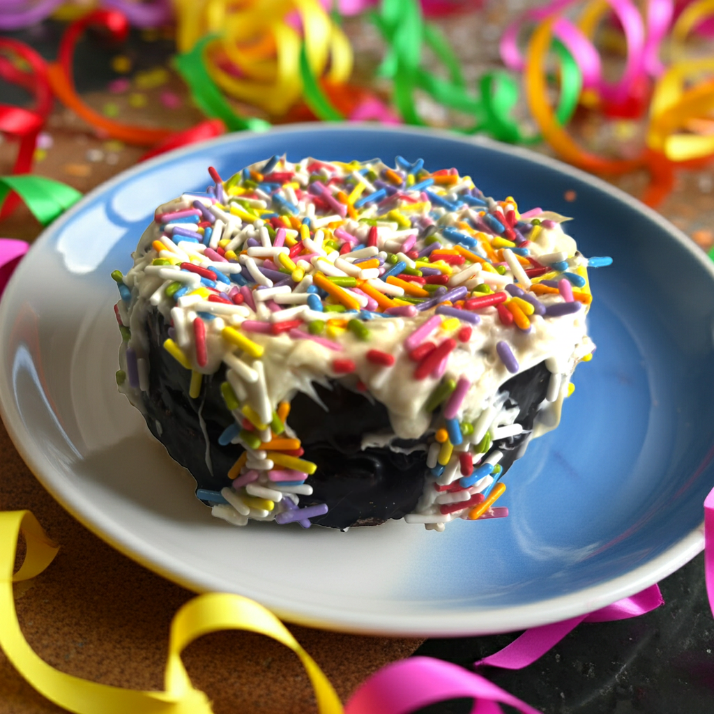 Pawfetti peanut butter frosted rice cake dog treat topped with colorful sprinkles on blue plate