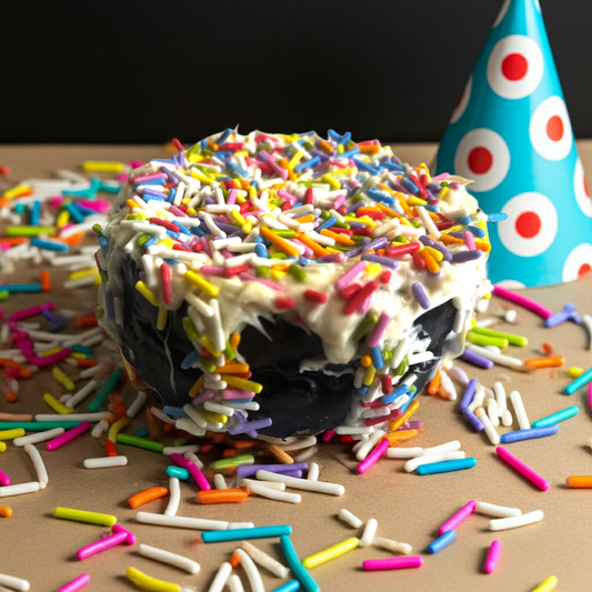 Pawfetti dog birthday cake with peanut butter frosting and sprinkles next to party hat