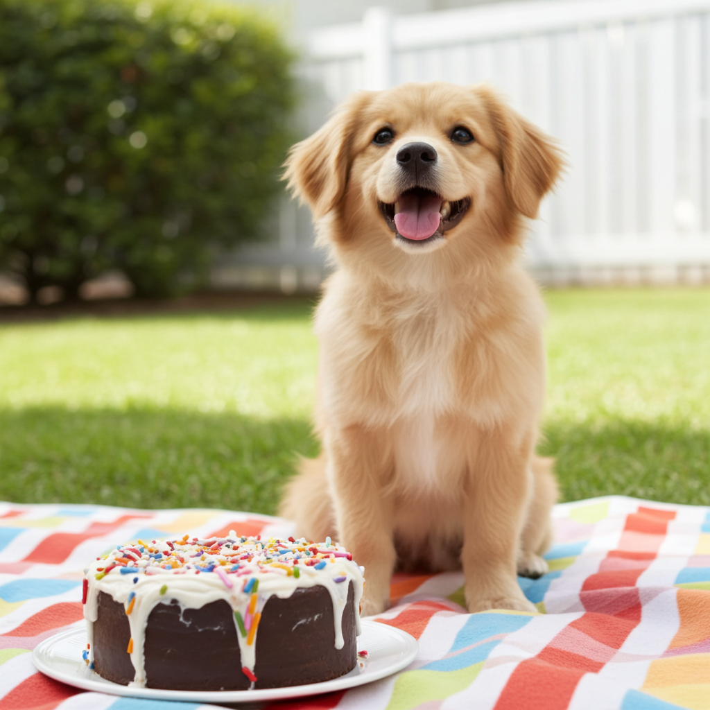 Golden retriever sitting on blanket with Pawfetti peanut butter frosted rice cake dog treat with sprinkles