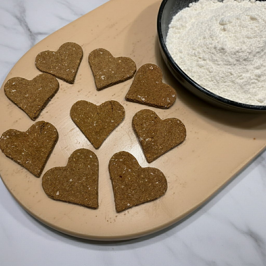Homemade pear dog treats on cutting board with oat flour and baking ingredients