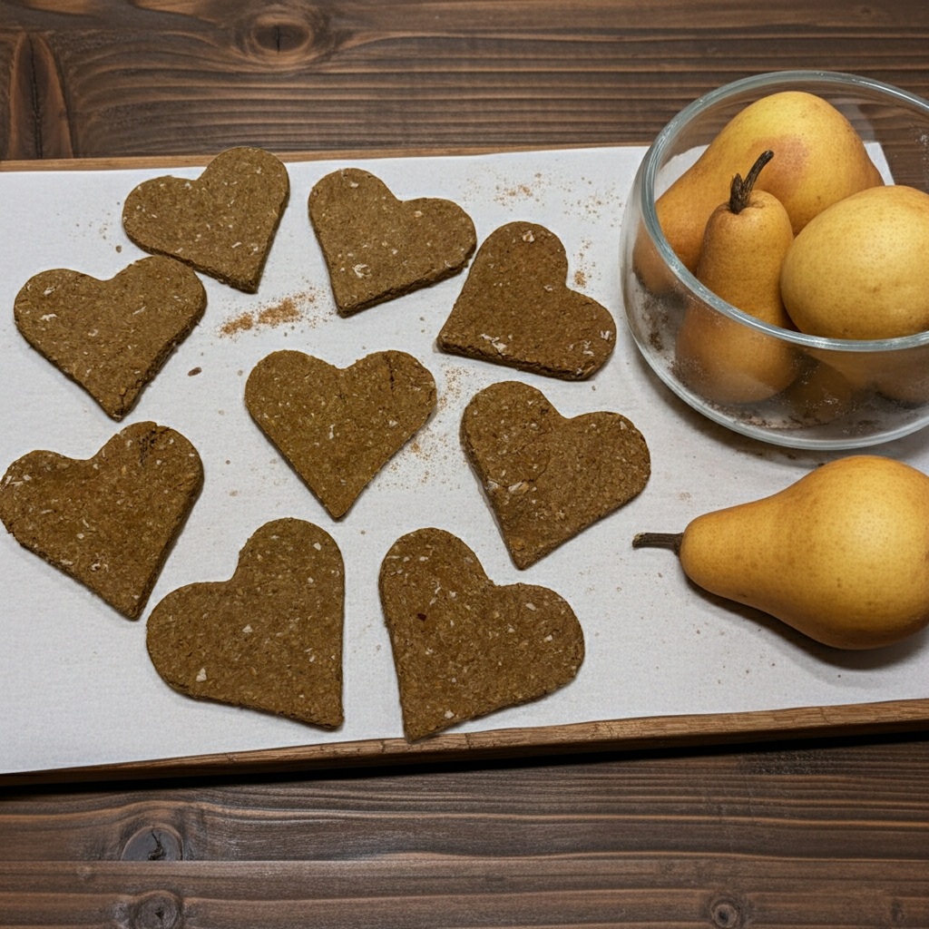 Heart-shaped organic pear dog treats with fresh pears on rustic wooden table