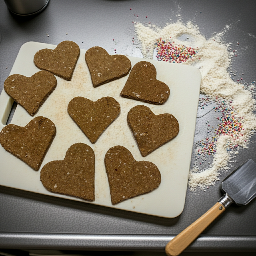 Organic pear dog cookies in heart shapes with oat flour ingredient on plate