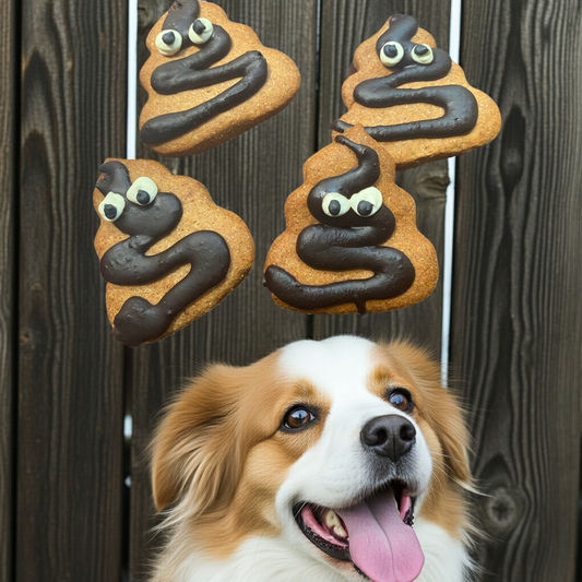FDOG WITH Funny poop-shaped organic dog cookies made with peanut butter and whole wheat flour.