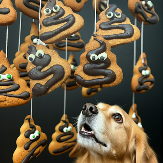 DOG WITH Funny poop-shaped organic dog cookies made with peanut butter and whole wheat flour.