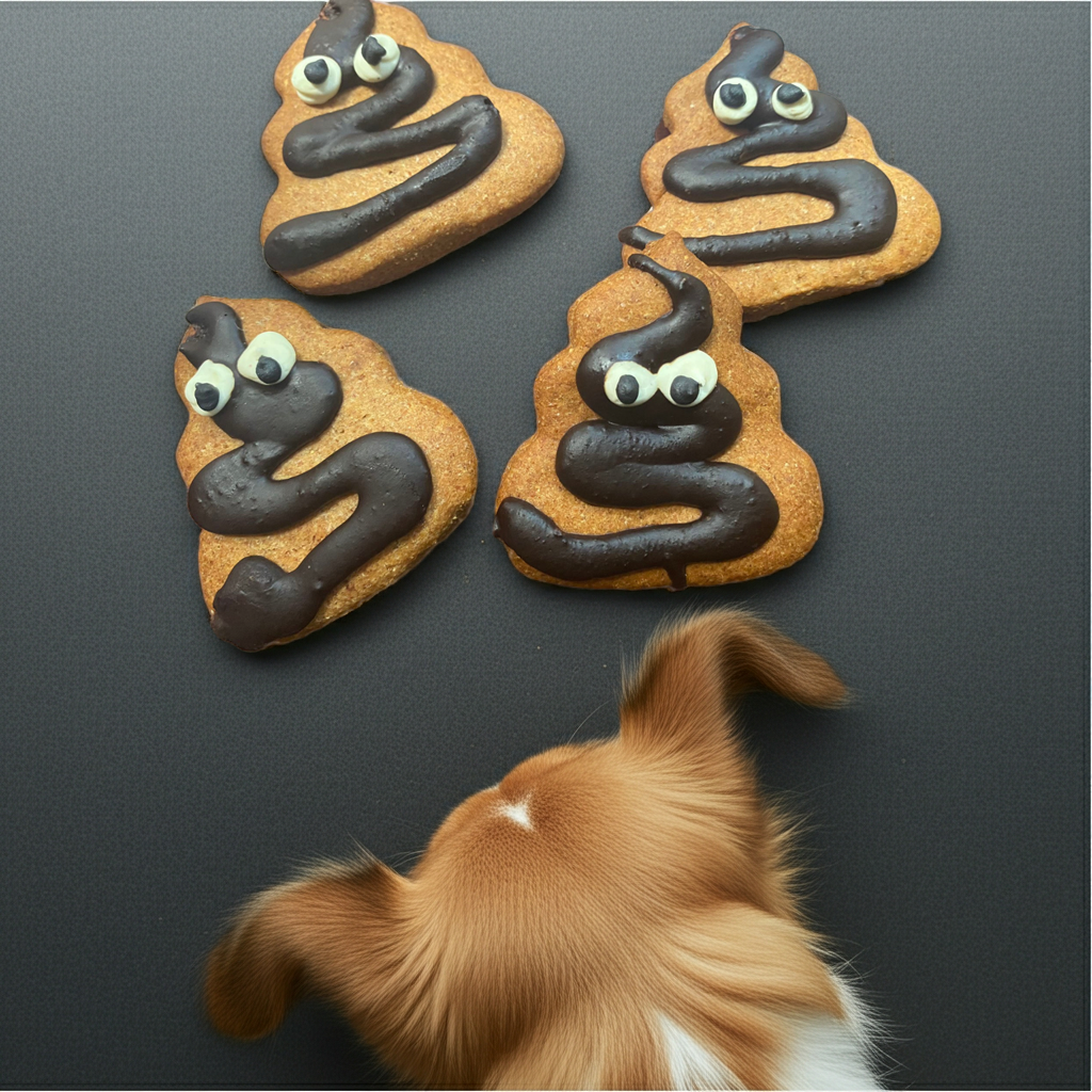 DOG WITH Funny poop-shaped organic dog cookies made with peanut butter and whole wheat flour.