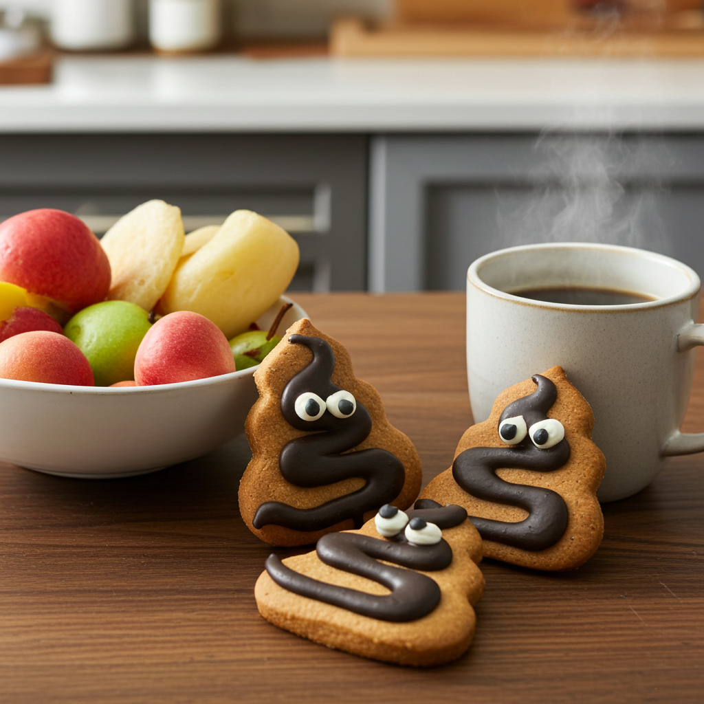 Funny poop-shaped organic dog cookies made with peanut butter and whole wheat flour.